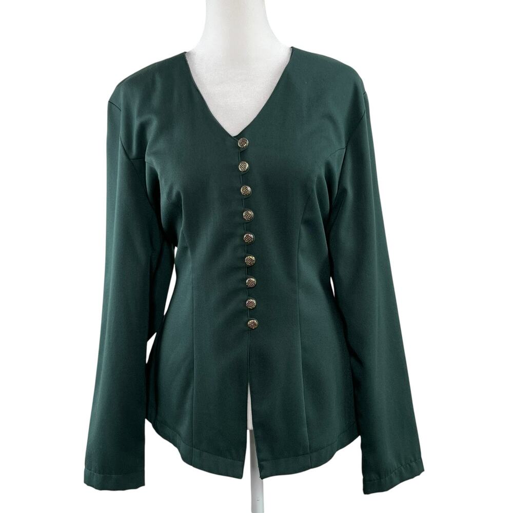 Vintage 90s La Belle Button Front Forest Green Peplum Blouse JR 11 Womens M